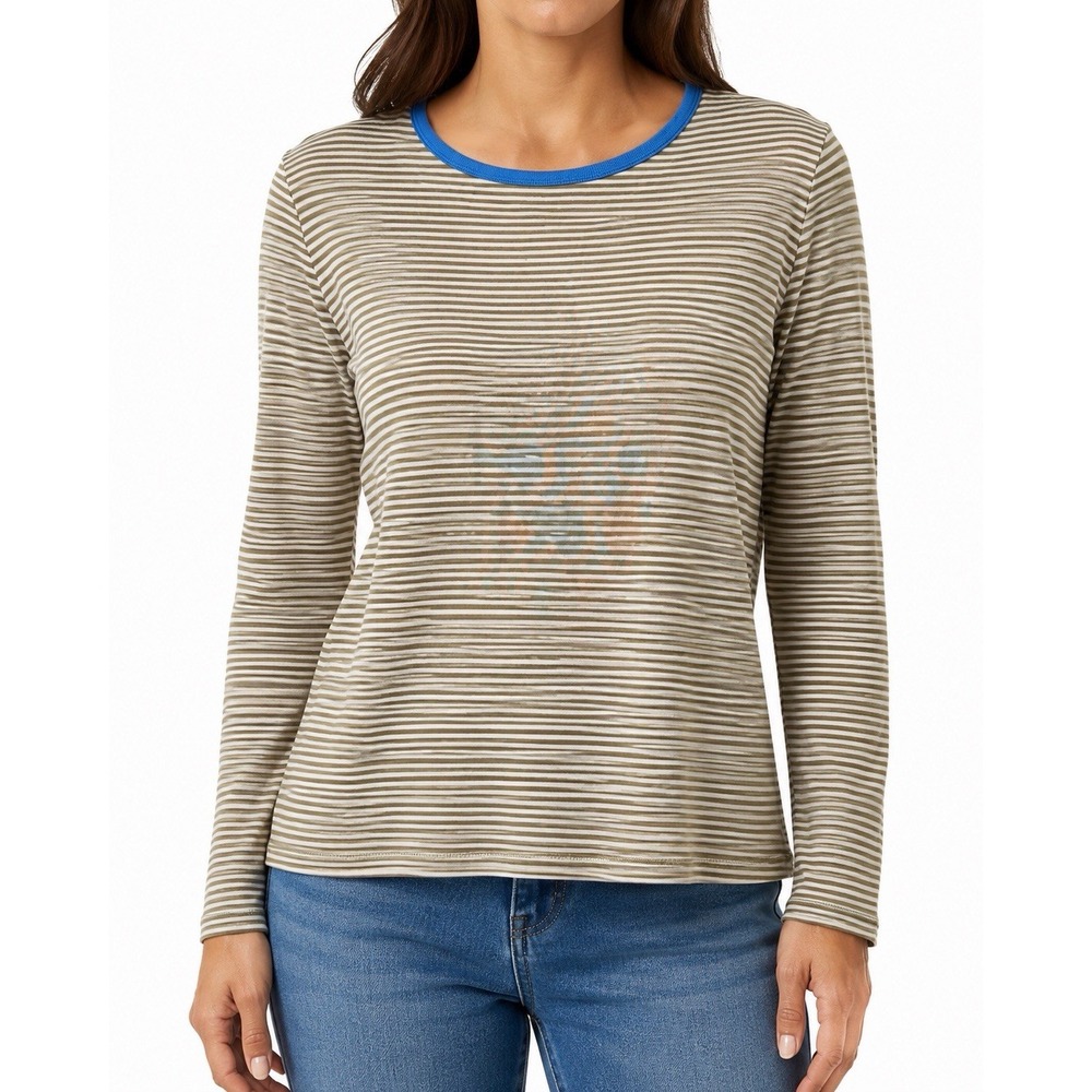 Lands End Womens Long Sleeve Striped Tee Shirt Olive White Blue Trim Size 14-16